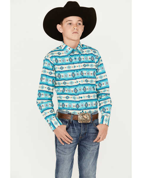 Ariat Boys' Brent Multi Southwestern Print Long Sleeve Button-Down Shirt, Multi, hi-res