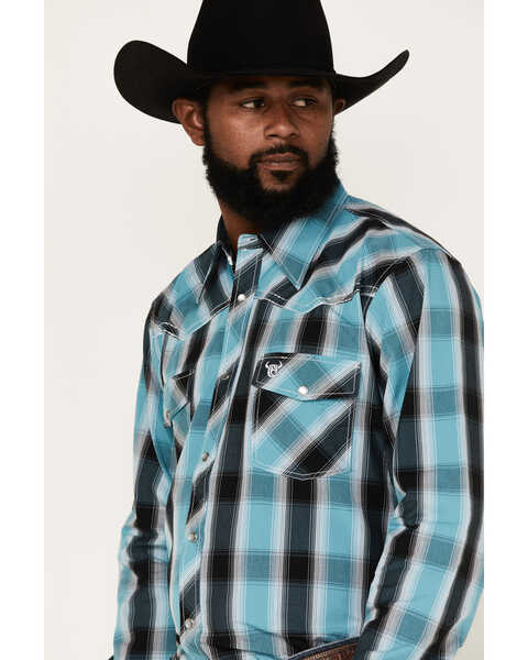 Image #2 - Cowboy Hardware Men's Hombre Large Plaid Print Long Sleeve Pearl Snap Western Shirt, Steel, hi-res