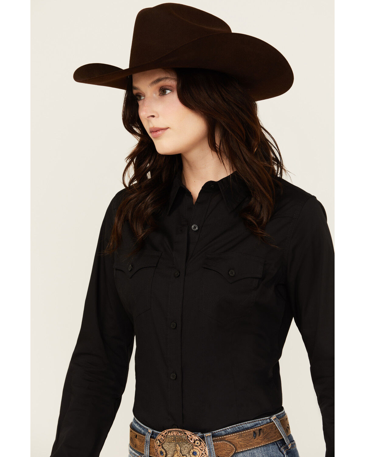 Image #2 - Wrangler Retro Women's Solid Long Sleeve Button-Down Stretch Western Shirt, Black, hi-res