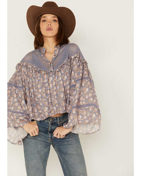 Image #1 - Jen's Pirate Booty Women's Floral Print Long Sleeve Ruffle Wildflower Justice Top, Blue, hi-res