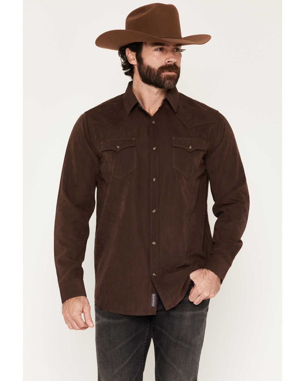 Moonshine Spirit&reg;&nbsp;Men's Side Stage Solid Faux Suede Long Sleeve Snap Western Shirt, Coffee, hi-res