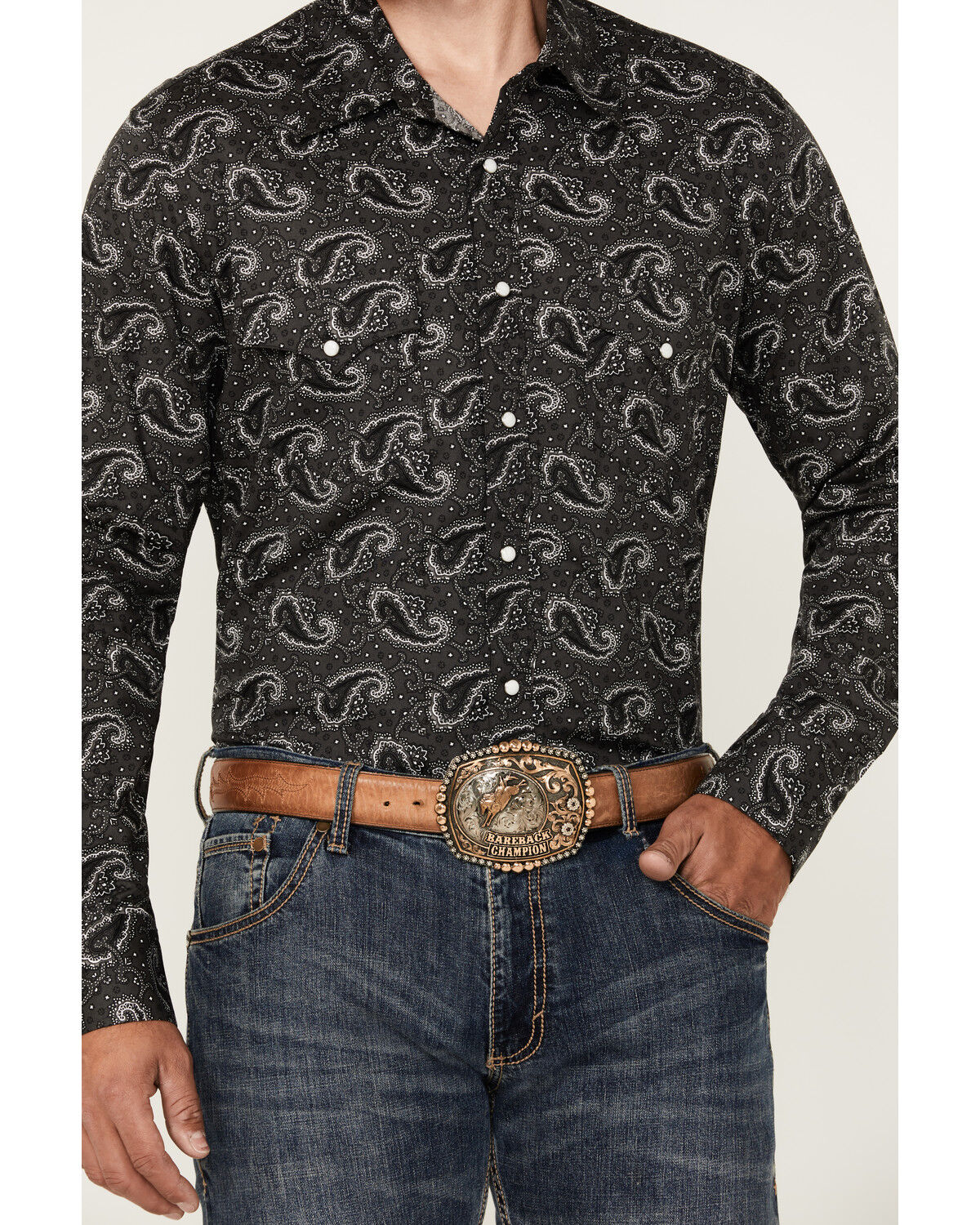 Image #3 - Rock & Roll Denim Men's Paisley Print Long Sleeve Snap Stretch Western Shirt, Black, hi-res