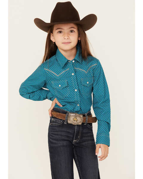 Image #1 - Ely Walker Girls' Southwestern Print Long Sleeve Pearl Snap Western Shirt, Teal, hi-res