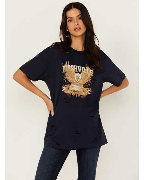 Image #1 - Bohemian Cowgirl Women's Eagle Destructed Short Sleeve Graphic Tee, Navy, hi-res