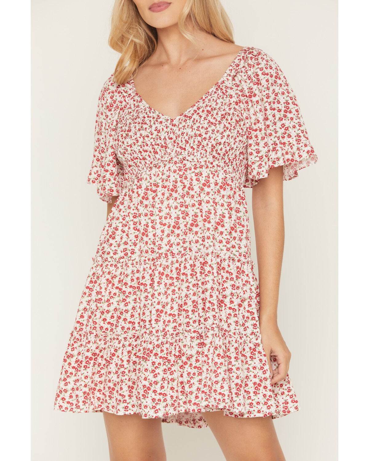 Image #3 - Yura Women's Boot Barn Exclusive Ditsy Floral Smocked Mini Dress, Red, hi-res