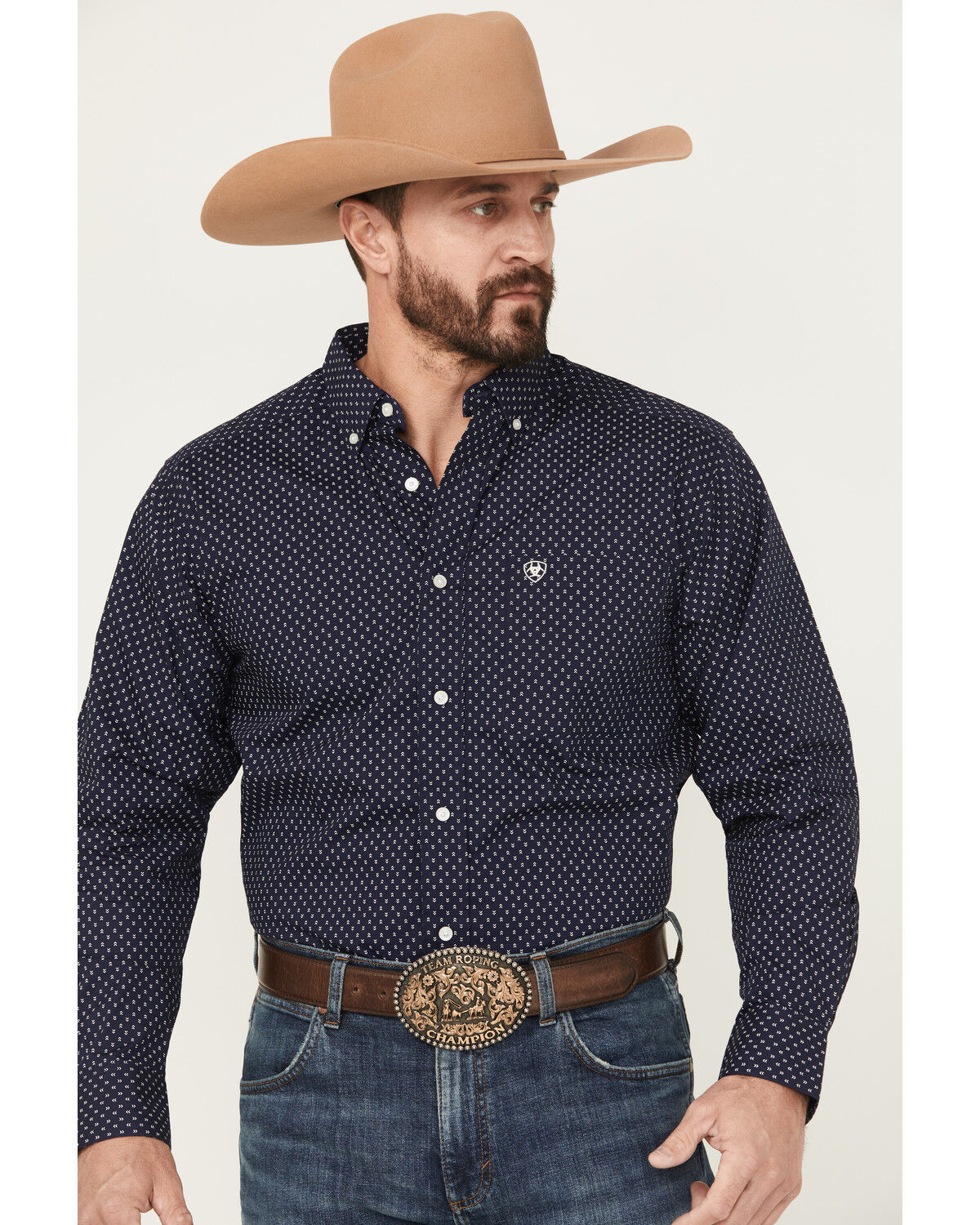 Image #1 - Ariat Men's Carmine Printed Long Sleeve Button-Down Western Shirt, Navy, hi-res