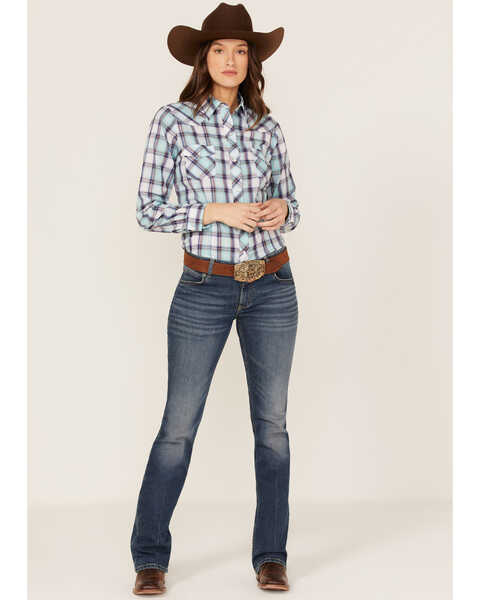 Roper Women's Plaid Print Long Sleeve Pearl Snap Western Shirt, Blue, hi-res