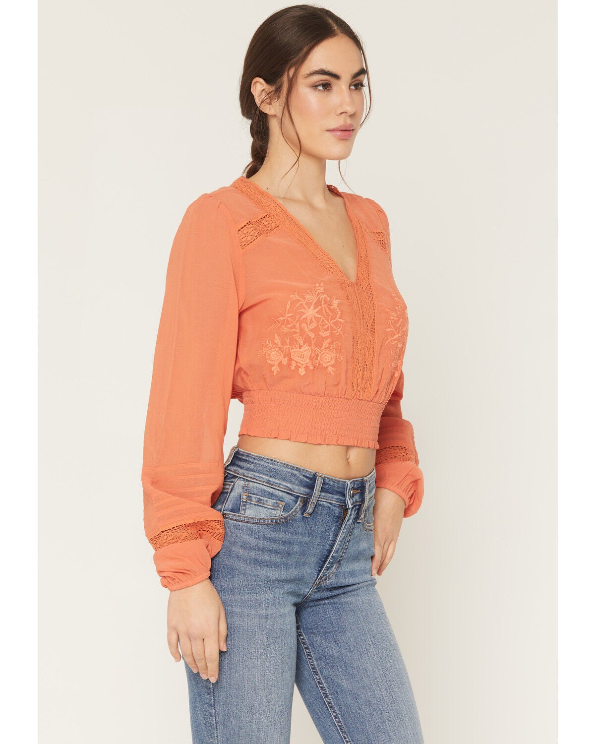 Image #2 - Shyanne Women's Embroidered Smocked Long Sleeve Shirt, Coral, hi-res