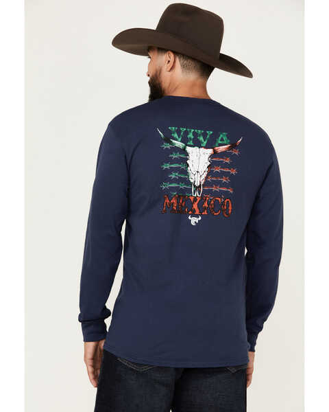 Image #1 - Cowboy Hardware Men's Viva Mexico Steer Head Long Sleeve Graphic Shirt , Navy, hi-res