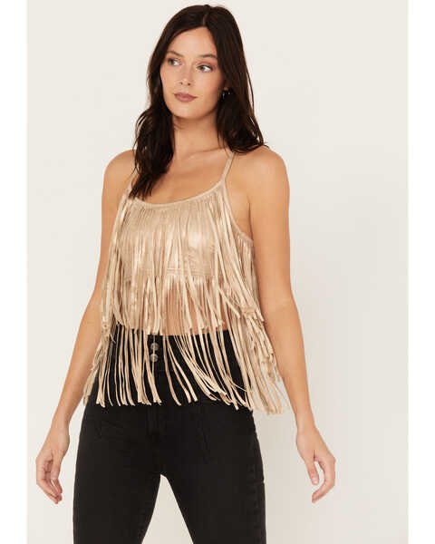 Image #1 - Shyanne Women's Cropped Fringe Tank Top, Taupe, hi-res