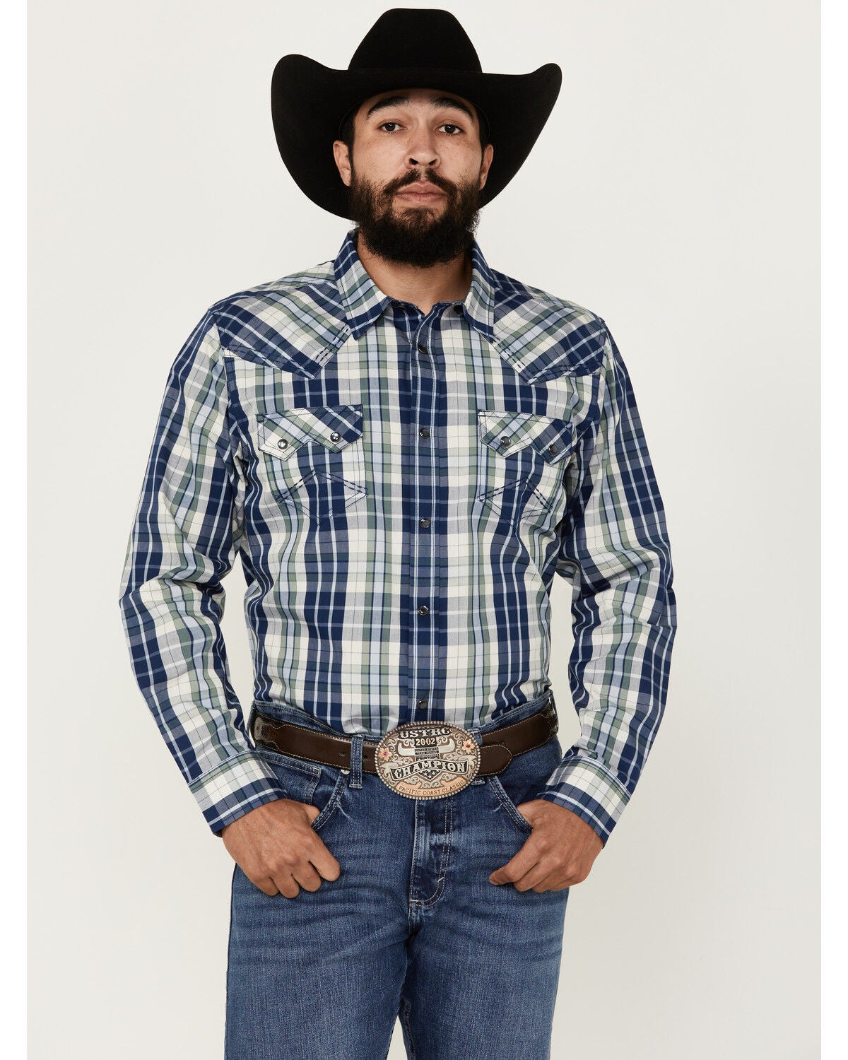 Cody James Men's Cole Plaid Print Long Sleeve Pearl Snap Western Shirt, Cream, hi-res