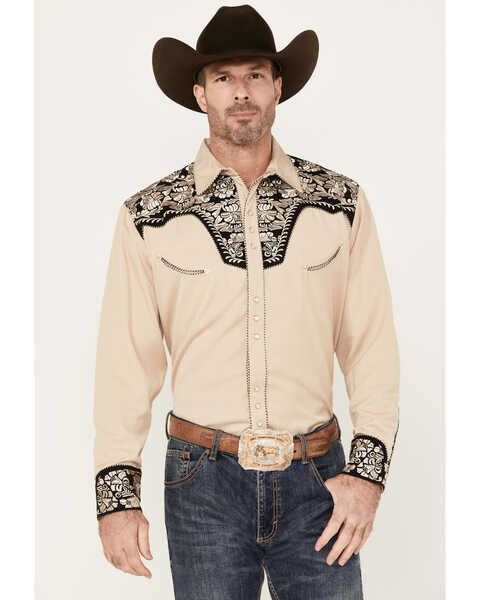 Scully Men's Floral Tooled Embroidered Long Sleeve Western Snap Shirt, Tan, hi-res