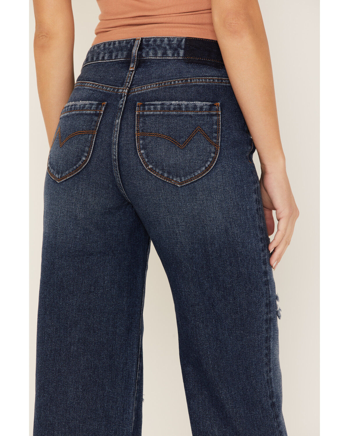 Image #4 - Cleo + Wolf Women's Medium Wash High Rise Patchwork Distressed Straight Jeans, Dark Wash, hi-res