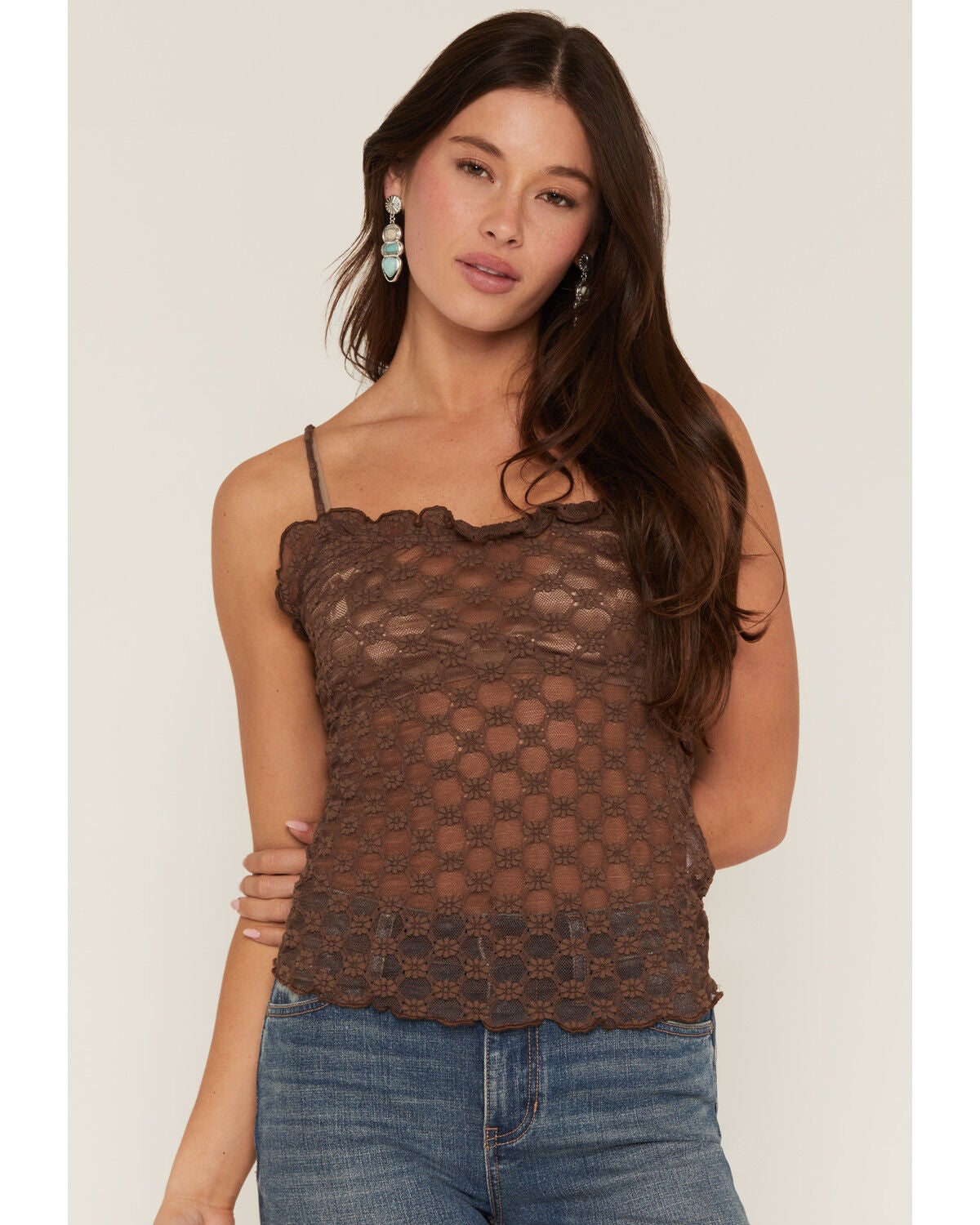 Miss Me Women's Solid Lace Sleeveless Tank Top, Brown, hi-res