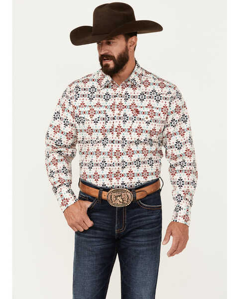 Rodeo Clothing Men's Southwestern Print Long Sleeve Snap Western Shirt, Cream, hi-res