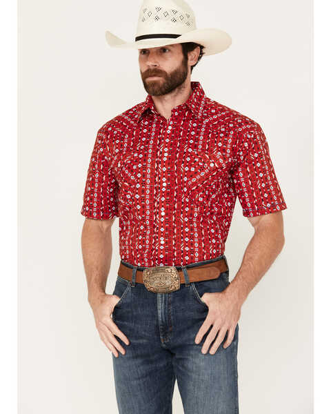 Rough Stock by Panhandle Men's Southwestern Print Short Sleeve Pearl Snap Western Shirt, Red, hi-res