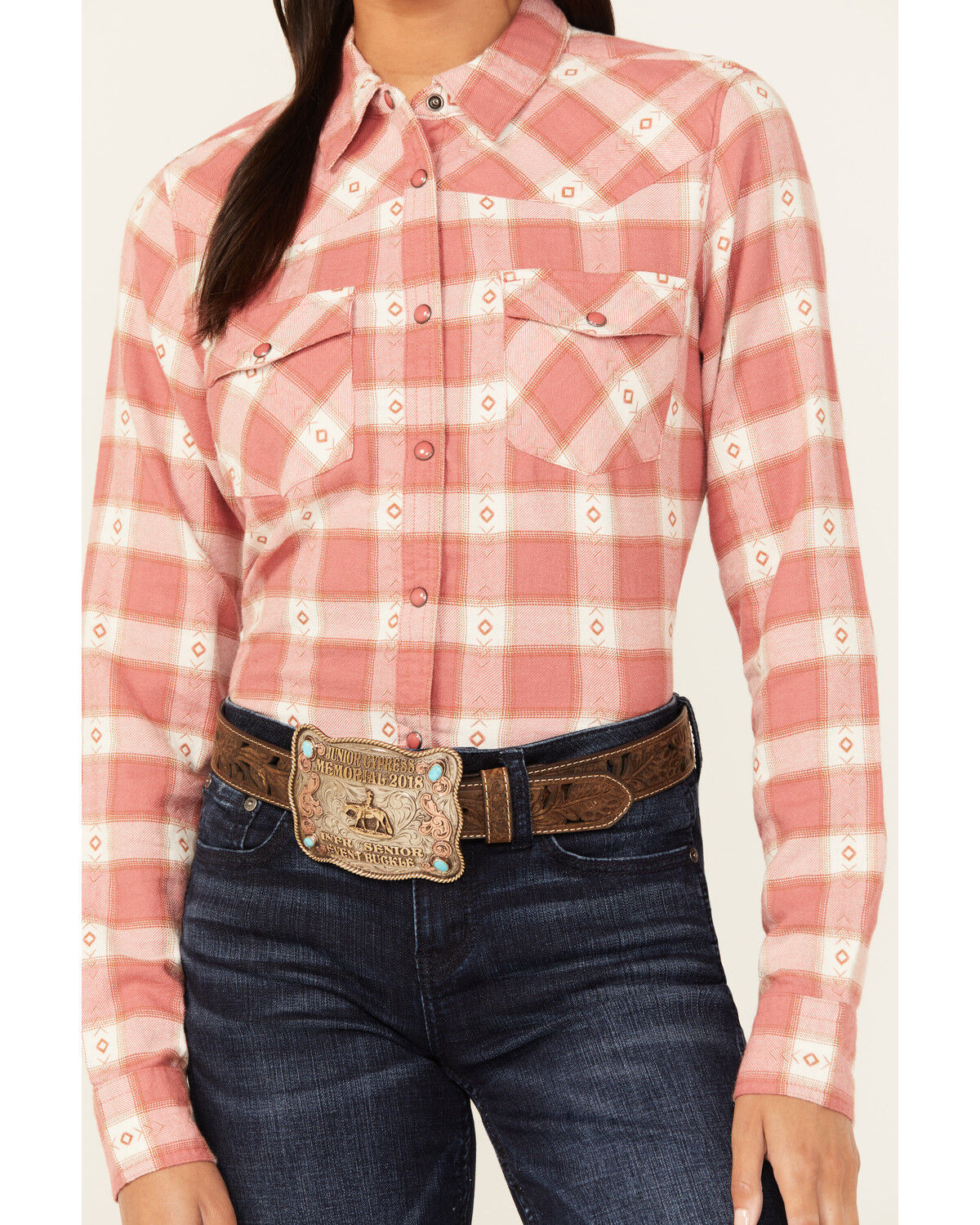 Image #3 - Shyanne Women's Dogwood Dobby Plaid Print Long Sleeve Snap Flannel Shirt, Coral, hi-res
