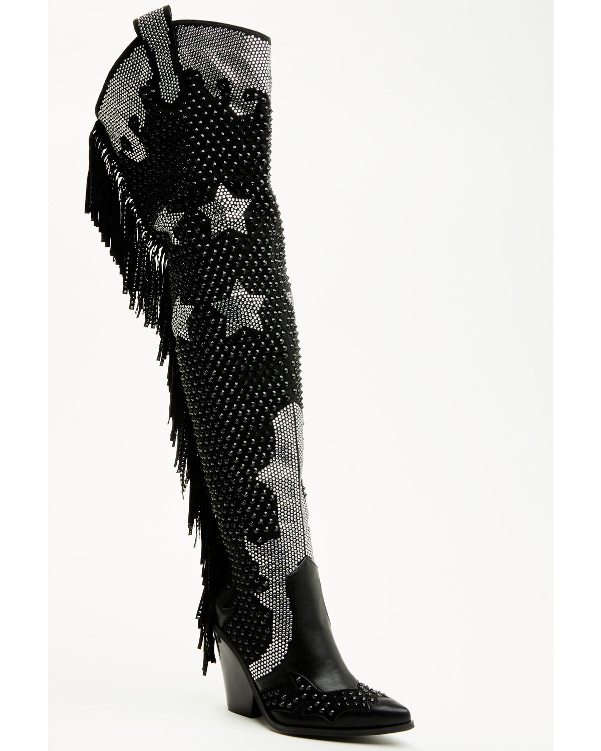 Image #1 - Azalea Wang Women's Nella Over The Knee Embellished Fringe Tall Fashion Boots - Snip Toe, Black, hi-res