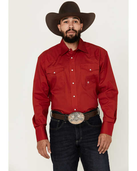 Roper Men's Amarillo Solid Long Sleeve Pearl Snap Stretch Western Shirt, Red, hi-res