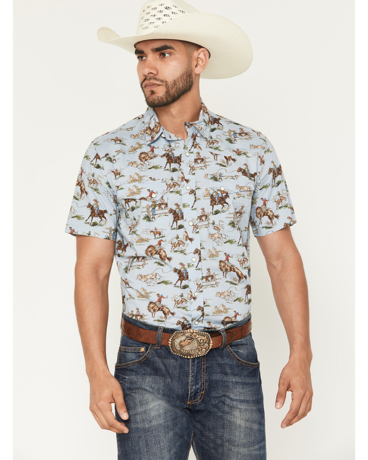 Image #1 - Pendleton Men's Laramie Wild Horse Print Short Sleeve Snap Western Shirt, Blue, hi-res