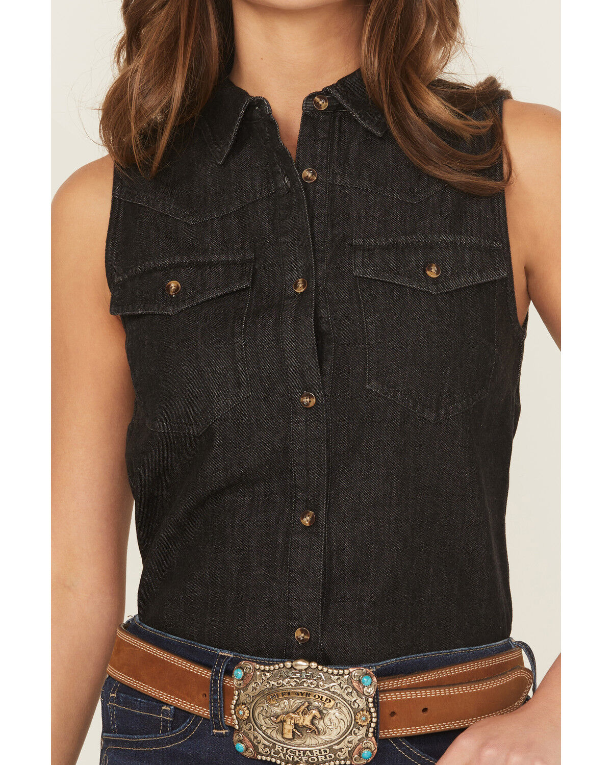 Image #3 - Shyanne Women's Chambray Sleeveless Button-Down Western Shirt, Black, hi-res