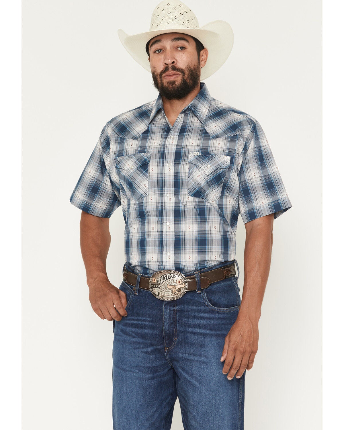 Image #1 - Ely Walker Men's Plaid Print Short Sleeve Pearl Snap Western Shirt, Navy, hi-res