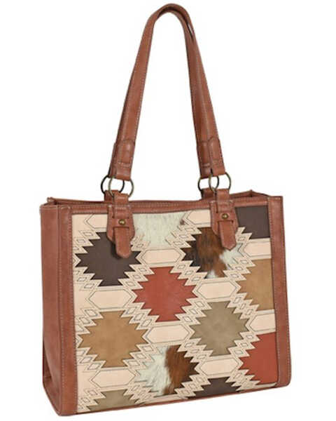 Catchfly Women's Southwestern Color Block Brindle Inlay Tote Bag, Brown, hi-res