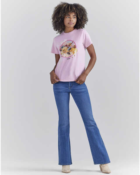 Image #1 - Wrangler® X Barbie™ Women's Medium Wash High Rise Westward Pink Patch Stretch Bootcut Jeans , Medium Wash, hi-res