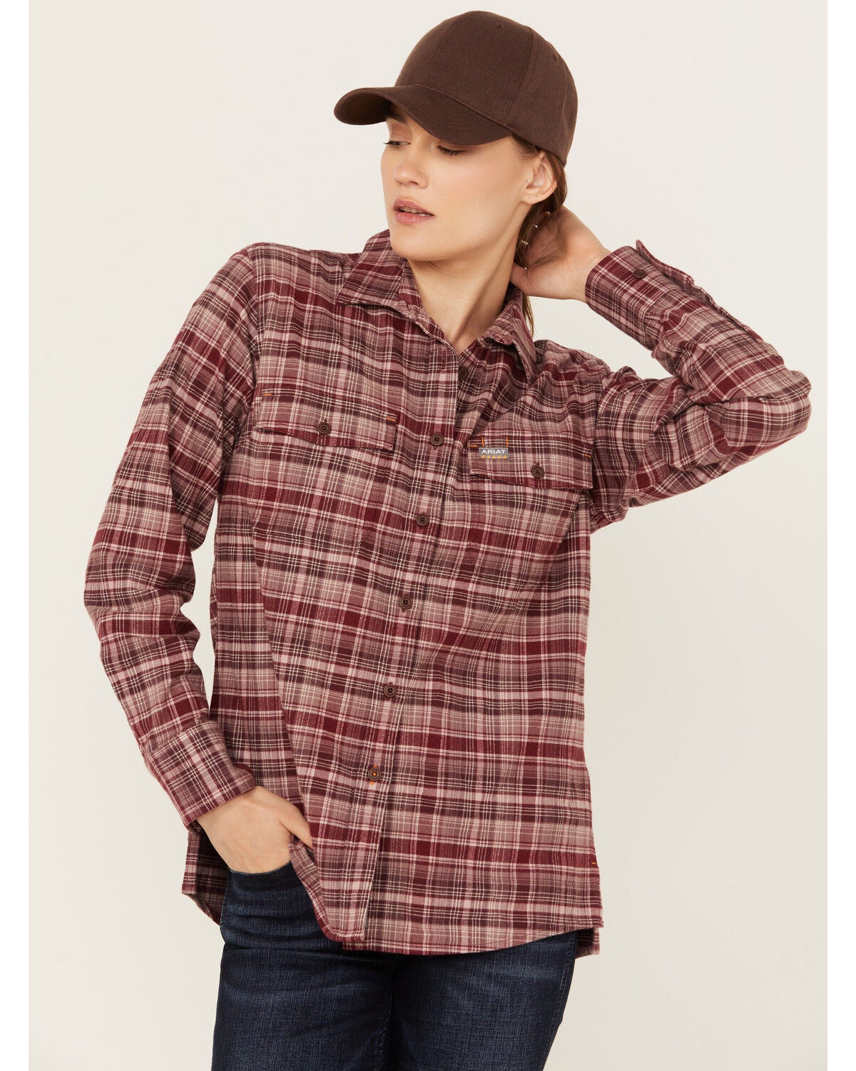 Ariat Women's Rebar Flannel DuraStretch Long Sleeve Button-Down Work Shirt, Purple, hi-res