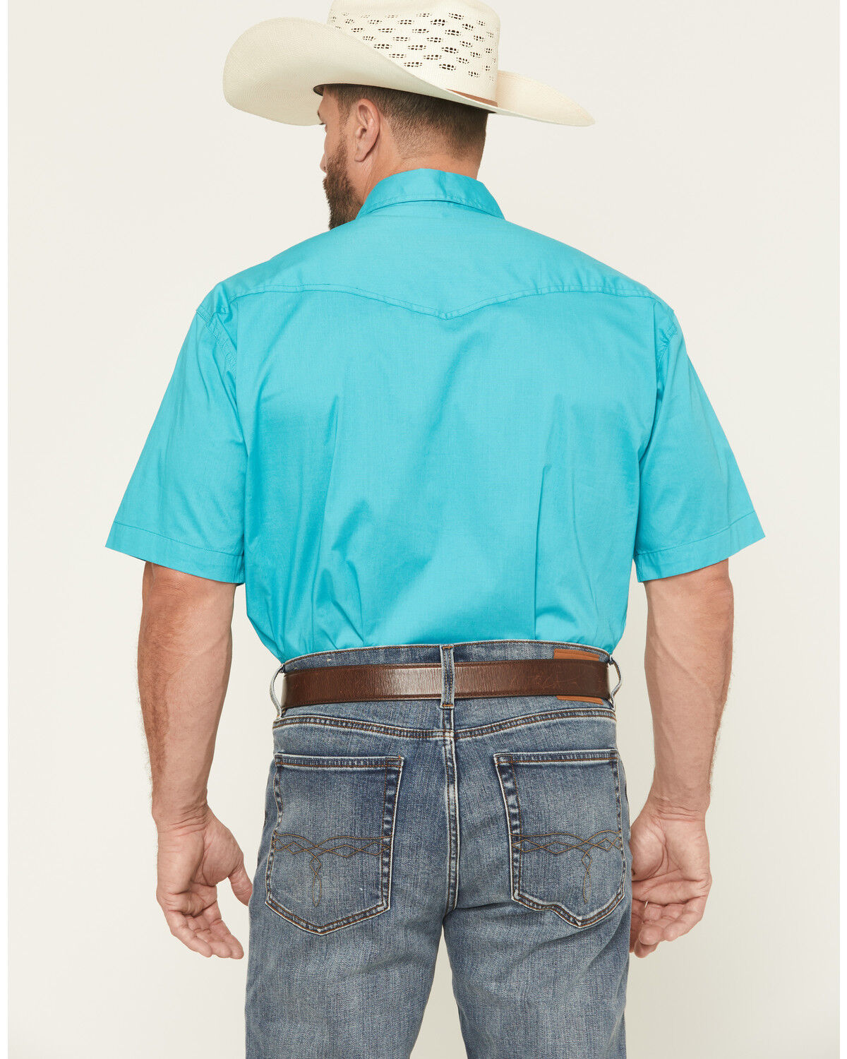 Image #4 - Roper Men's Amarillo Solid Short Sleeve Pearl Snap Stretch Western Shirt, Teal, hi-res