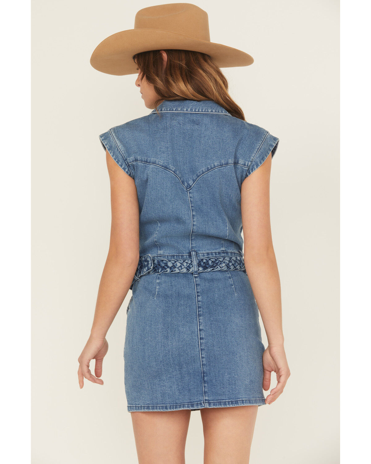 Image #4 - Rock & Roll Denim Women's Medium Wash Braided Short Sleeve Denim Mini Dress, Medium Wash, hi-res