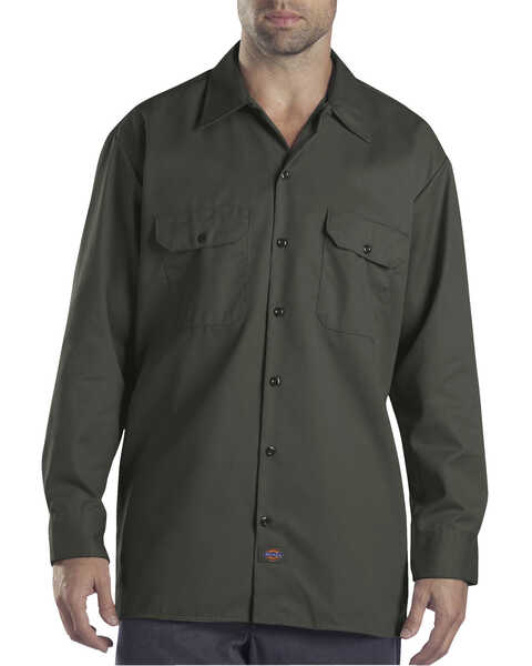 Image #1 - Dickies Men's Solid Twill Button Down Long Sleeve Work Shirt, Olive Green, hi-res