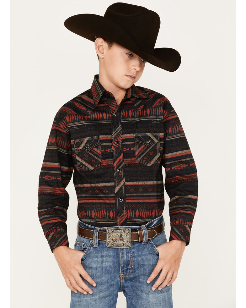 Rock & Roll Denim Boys' Southwestern Stripe Print Long Sleeve Snap Western Shirt, Black, hi-res