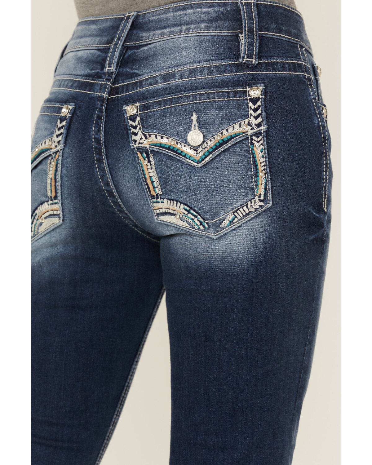 Image #4 - Shyanne Women's Embroidered Dark Wash Mid Rise Bootcut Stretch Denim Jeans, Dark Wash, hi-res