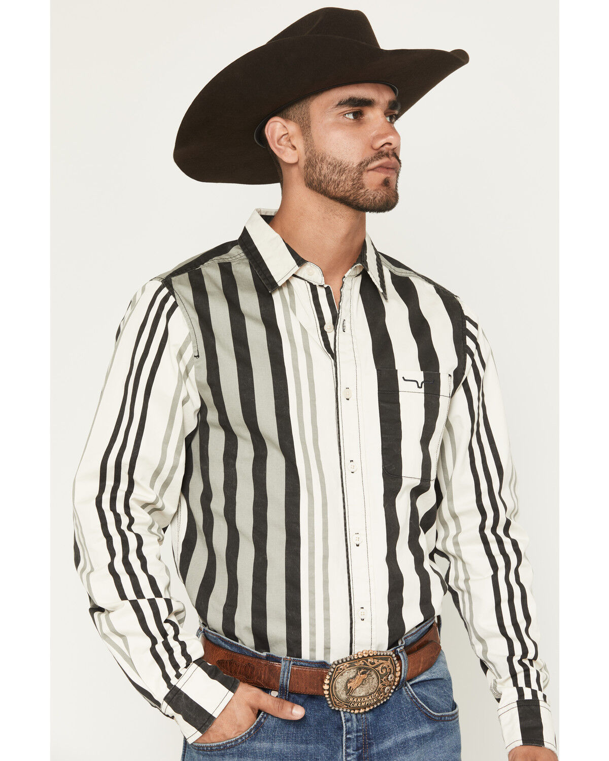 Image #1 - Kimes Ranch Men's 1992 Striped Long Sleeve Button-Down Western Shirt, Black, hi-res