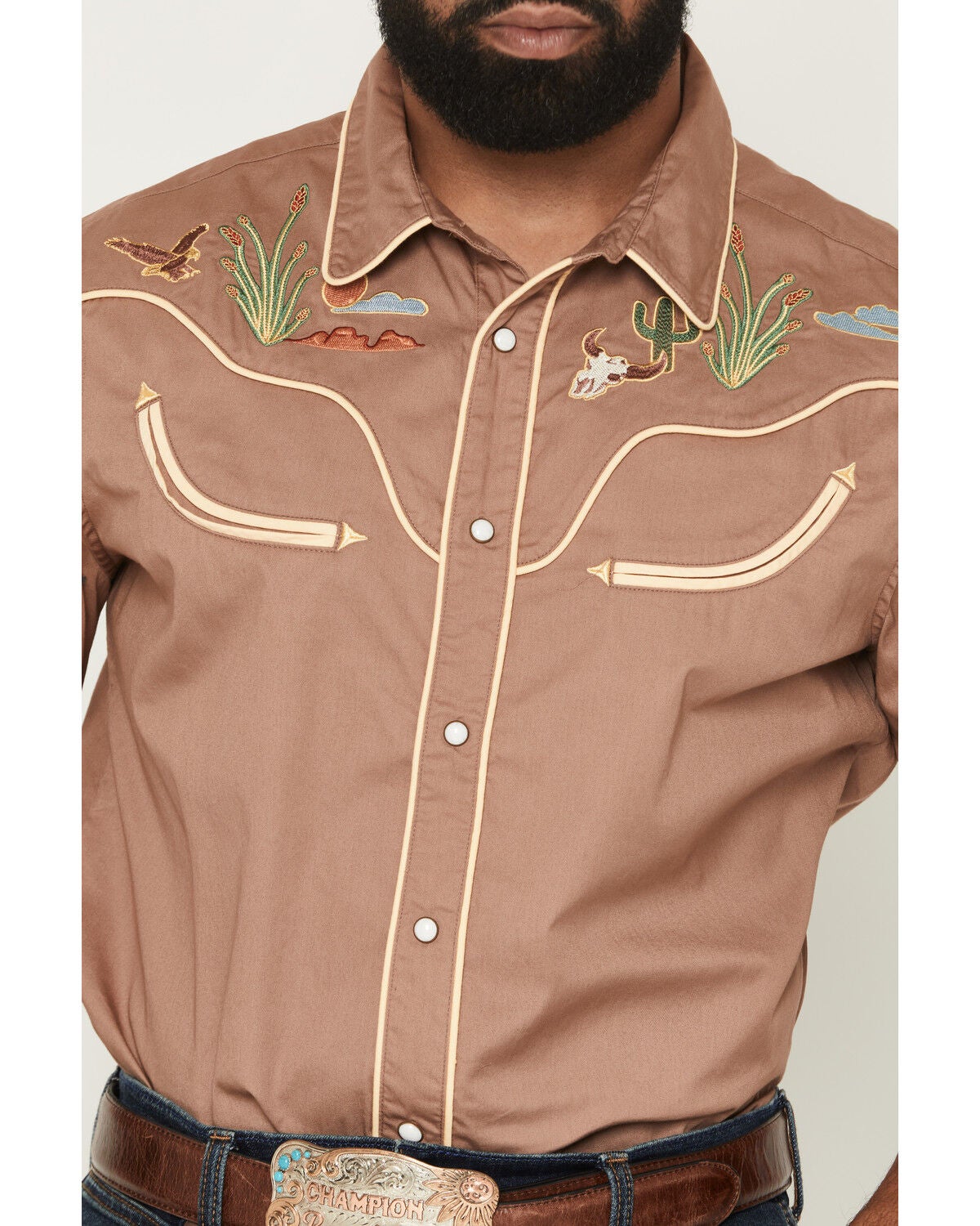 Image #3 - Sendero Provisions Men's Prescott Embroidered Short Sleeve Snap Western Shirt, Tan, hi-res