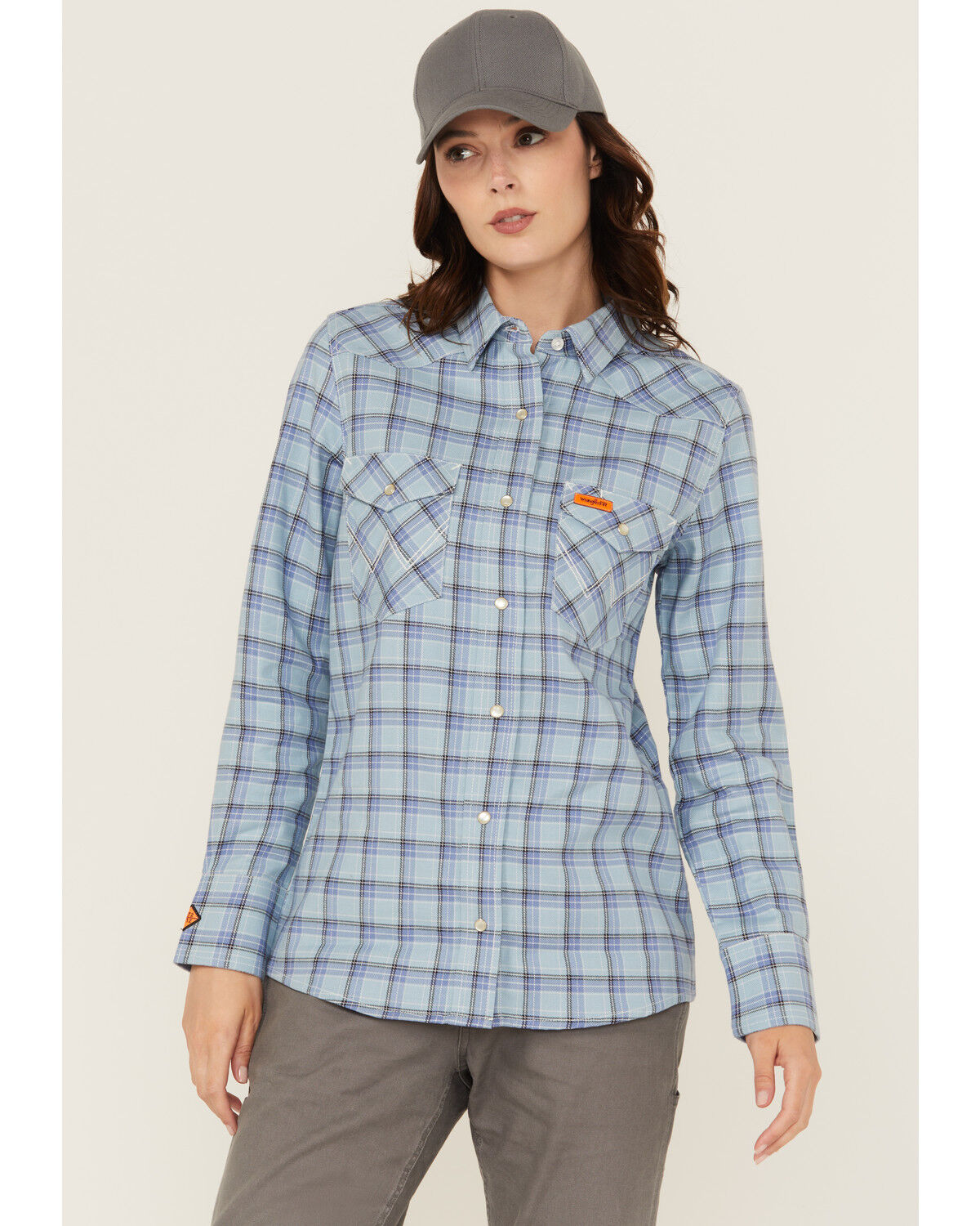 Image #1 - Wrangler Women's FR Riverside Plaid Print Long Sleeve Snap Work Shirt - Plus, Blue, hi-res