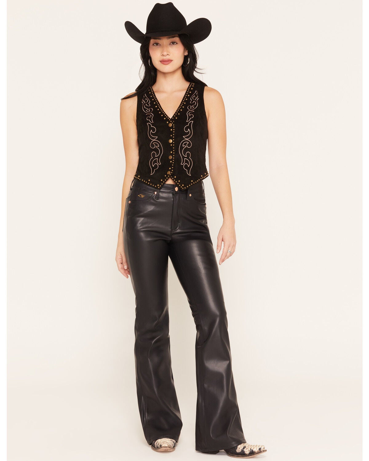Image #1 - Wrangler X Lainey Wilson Women's Faux Leather High Rise Flare Jeans, Black, hi-res