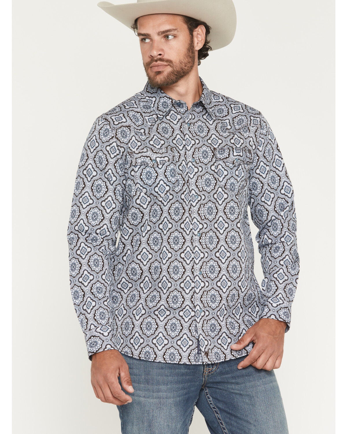 Moonshine Spirit&reg; Men's Gypsy Life Paisley Print Long Sleeve Snap Western Shirt, Light Blue, hi-res