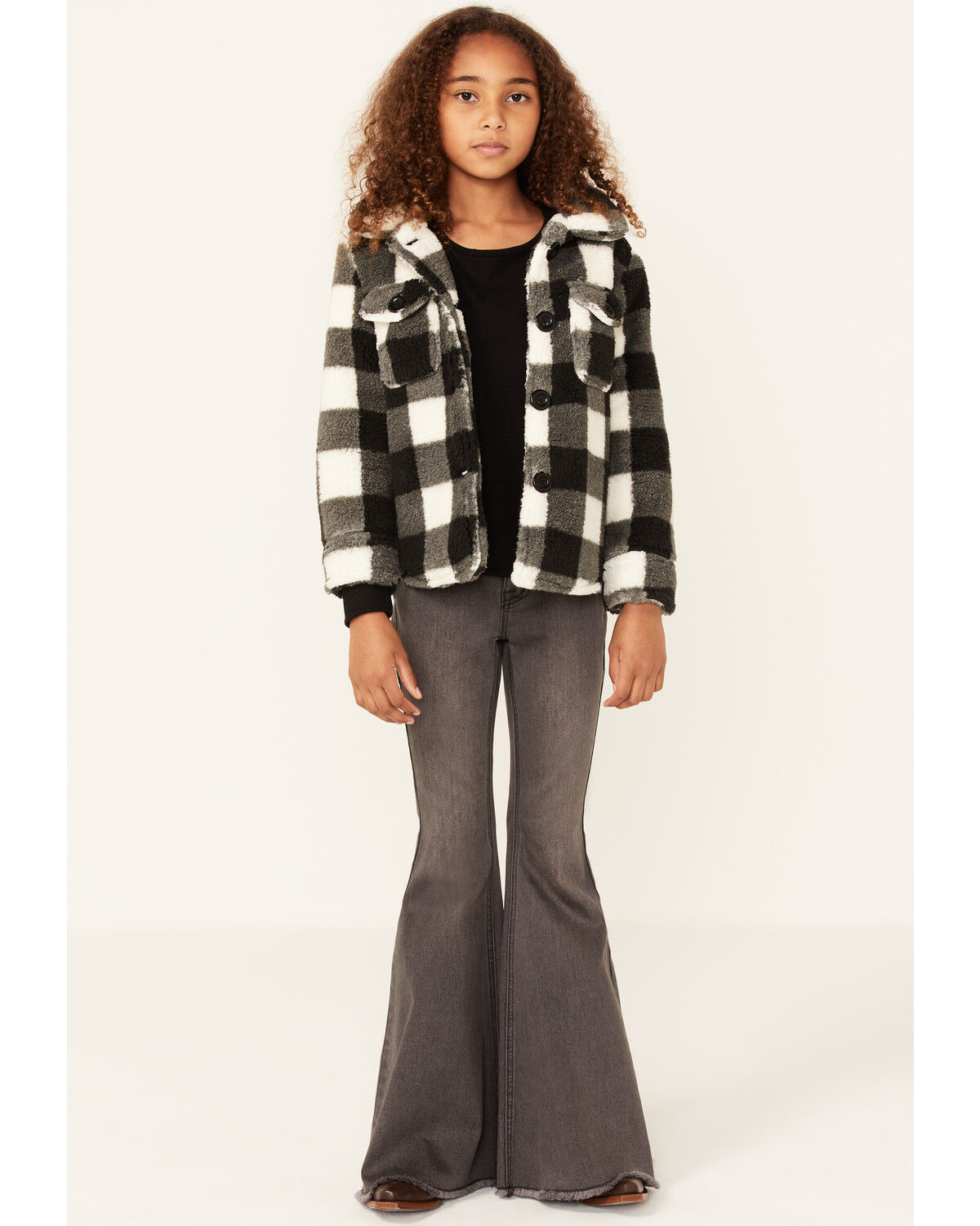 Image #4 - Urban Republic Little Girls' Plaid Print Sherpa Jacket, Black, hi-res