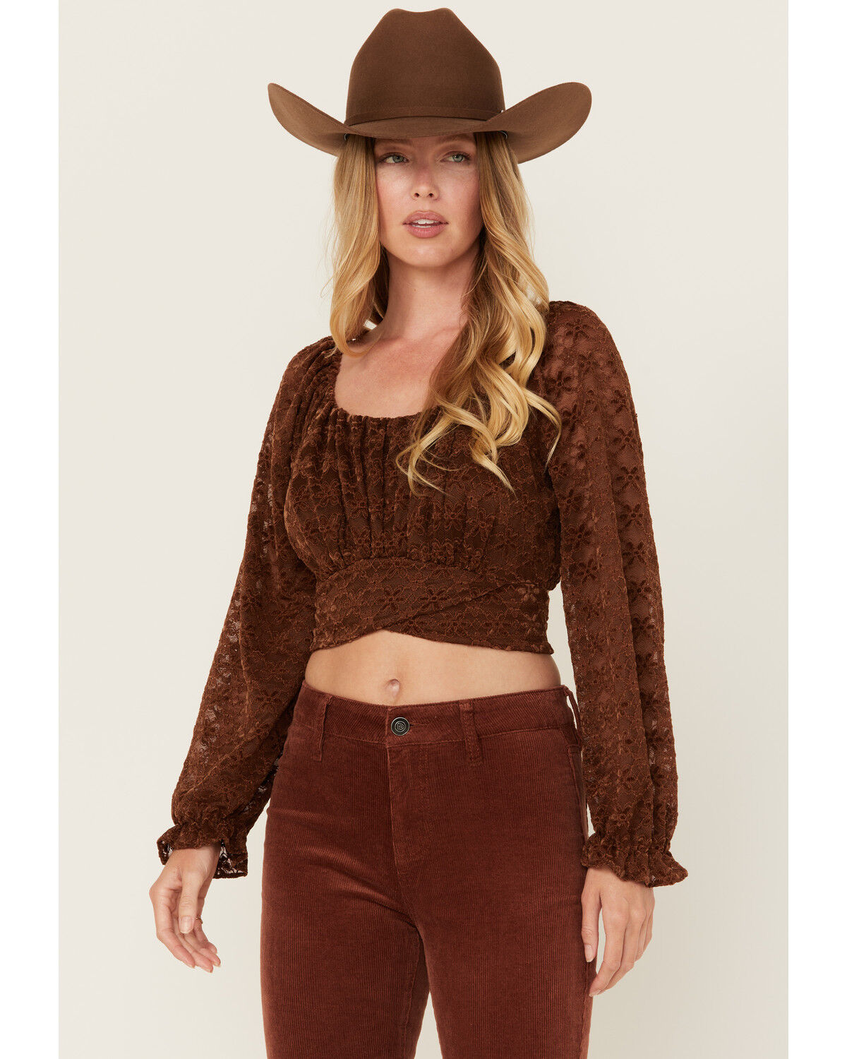Image #1 - Beyond The Radar Women's Floral Lace Long Sleeve Tie Back Cropped Shirt, Brown, hi-res