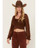 Image #1 - Beyond The Radar Women's Floral Lace Long Sleeve Tie Back Cropped Shirt, Brown, hi-res