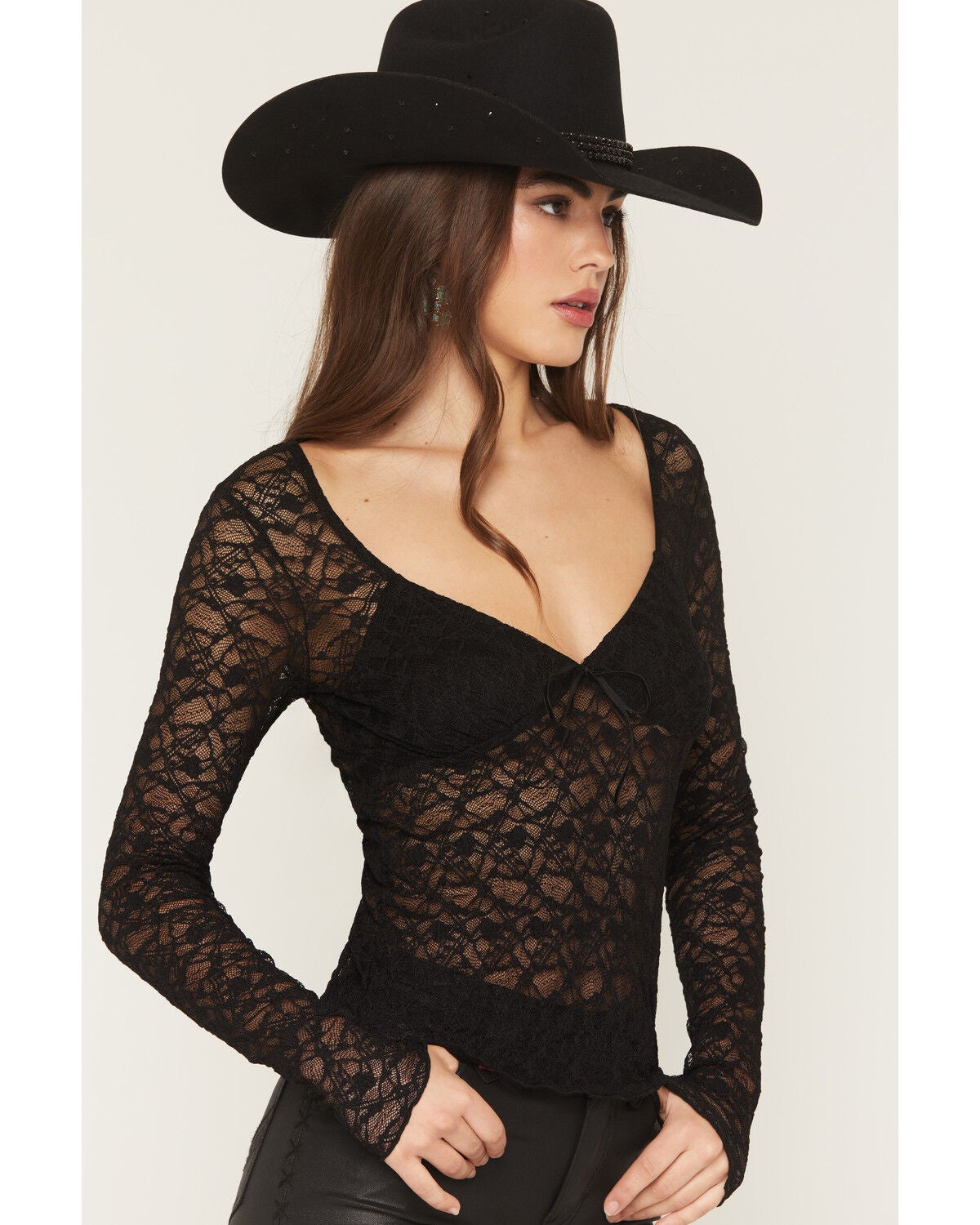 Image #2 - Miss Me Women's Lace Long Sleeve Shirt, Black, hi-res