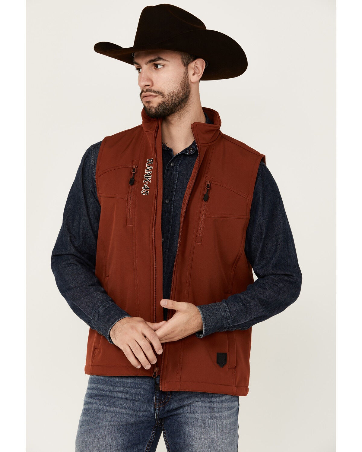 RANK 45&reg; Men's Ralington Embroidered Softshell Vest, Dark Orange, hi-res