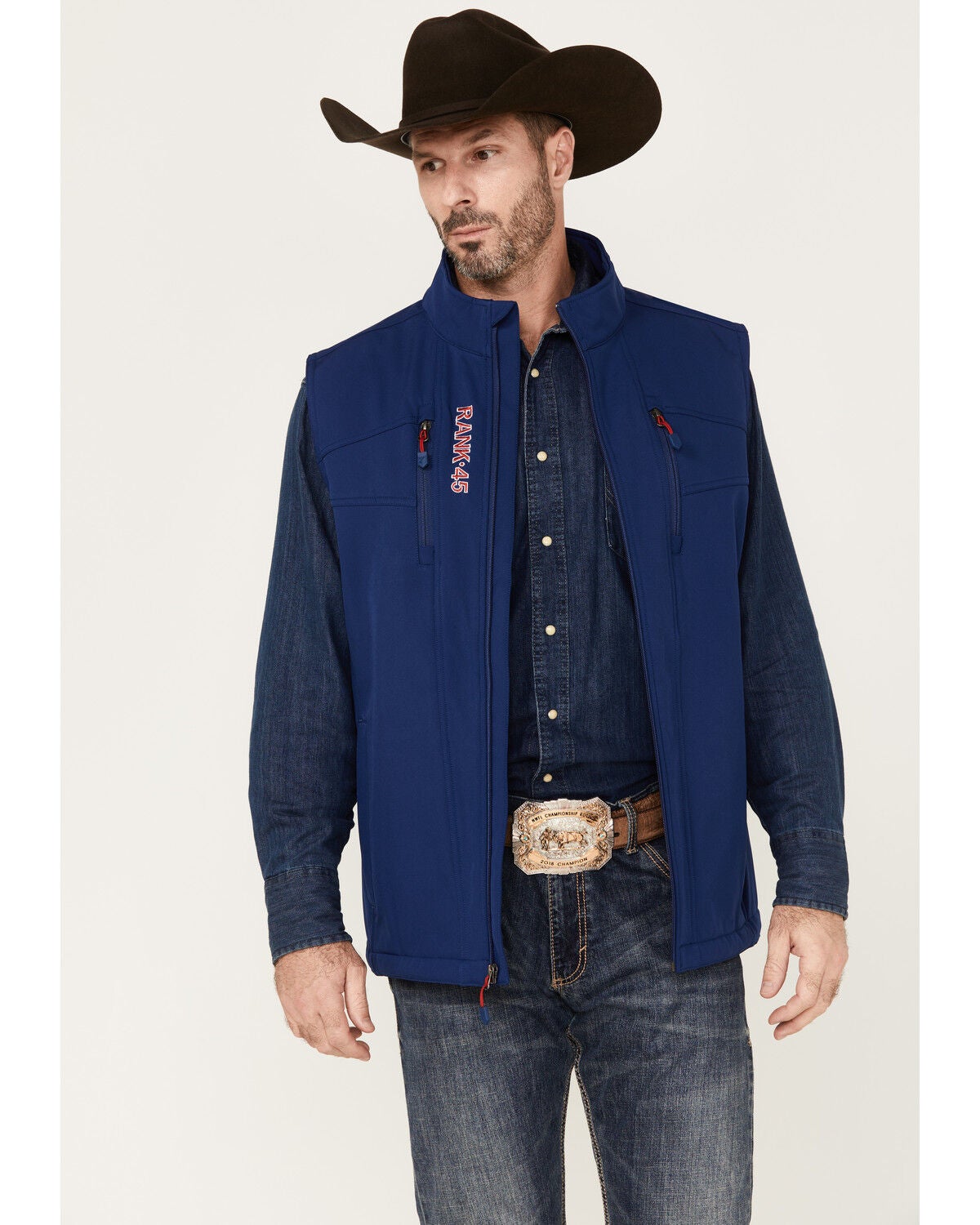 RANK 45&reg; Men's Ralington Embroidered Softshell Vest, Dark Blue, hi-res