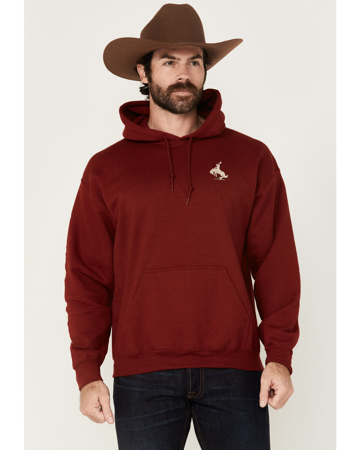 Image #1 - Riot Society Men's Boot Barn Exclusive Bucking Bronco Embroidered Hooded Sweatshirt, Burgundy, hi-res