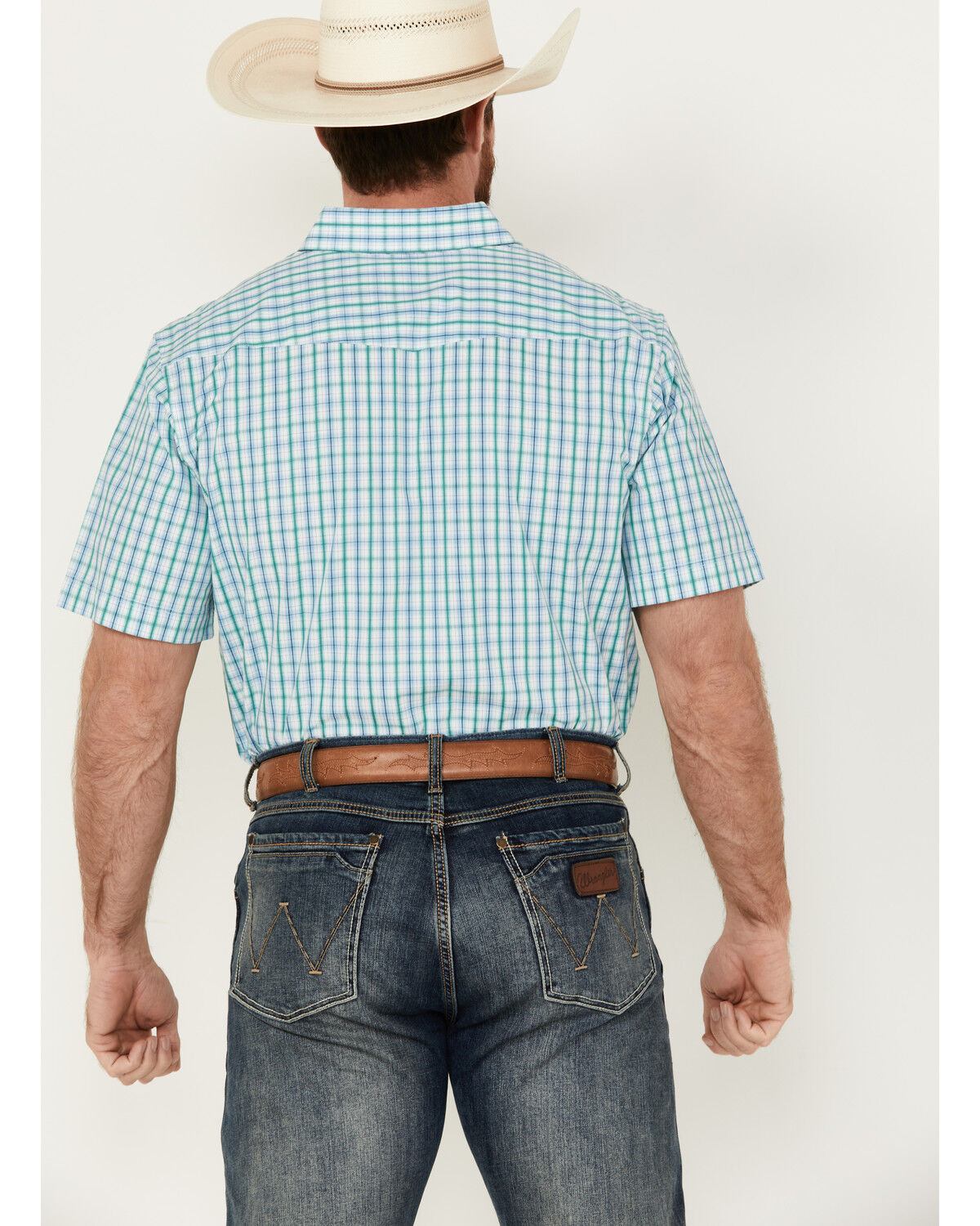 Image #4 - Panhandle Men's Plaid Print Short Sleeve Pearl Snap Western Shirt, Blue, hi-res