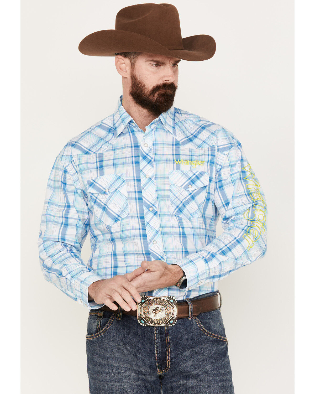 Image #1 - Wrangler Men's Logo Plaid Print Long Sleeve Western Snap Shirt, Light Blue, hi-res