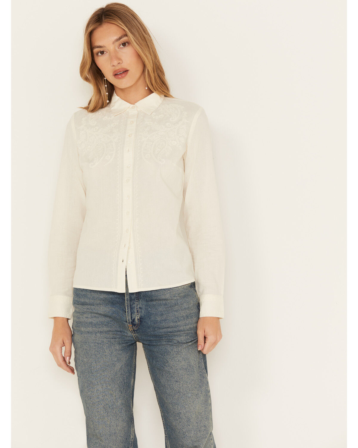 Image #1 - Shyanne Women's Floral Embroidered Long Sleeve Button-Down Western Shirt, Off White, hi-res