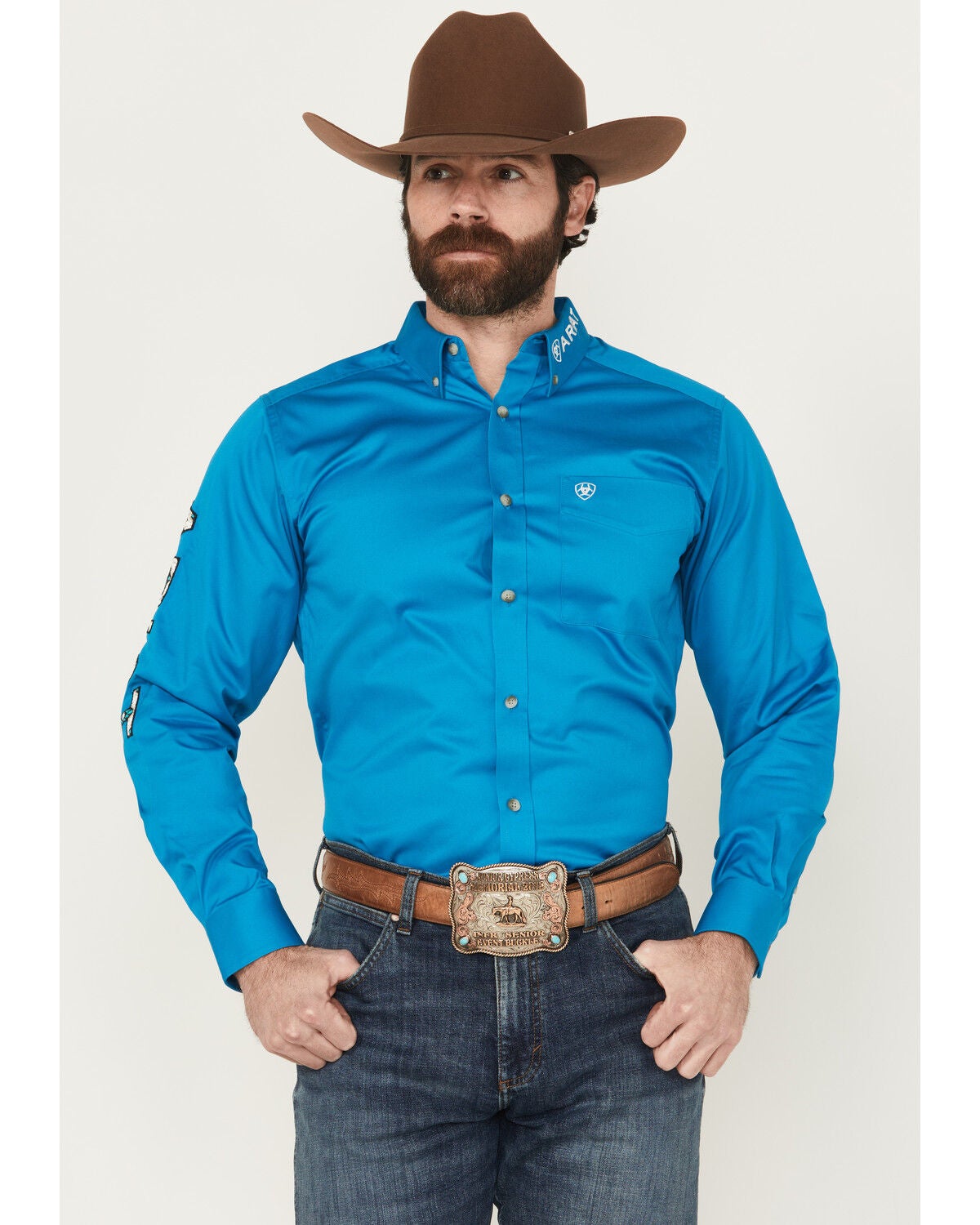 Ariat Men's Team Logo Twill Solid Long Sleeve Button-Down Western Shirt, Blue, hi-res